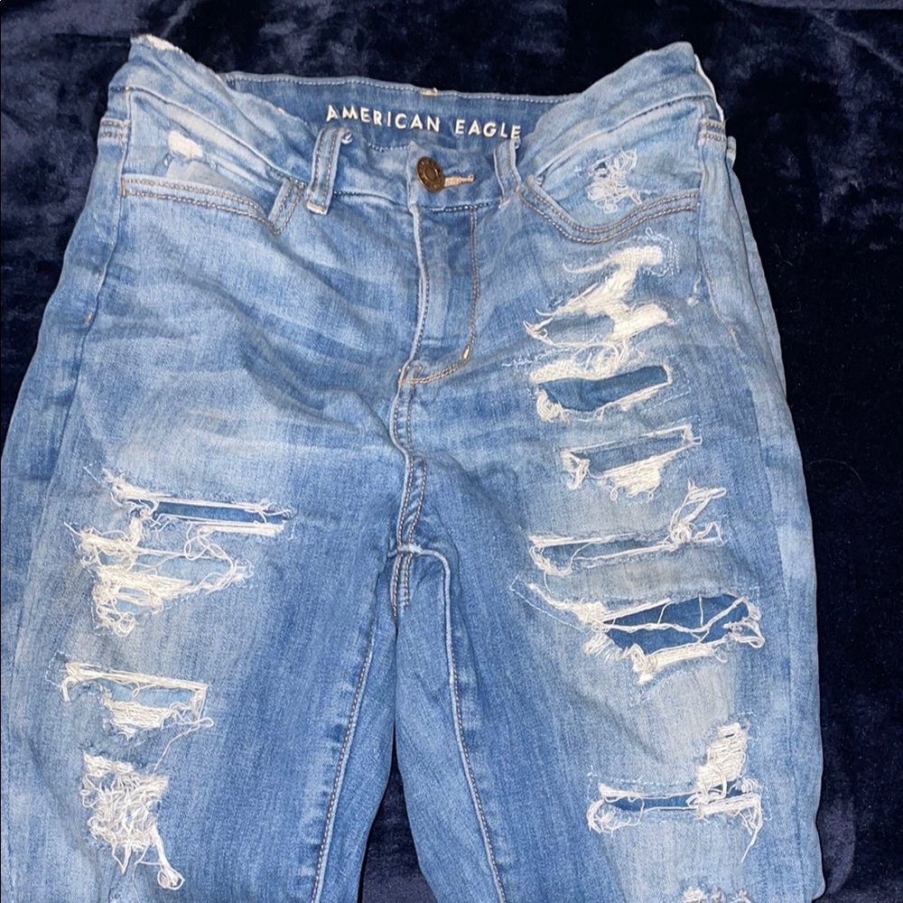 American Eagle Outfitters Women's Light Blue Ripped Skinny Jeans